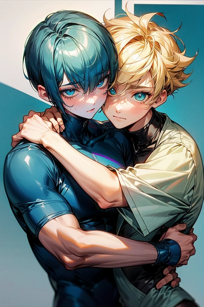 shy two males, one with blonde spiky curly hair and cyan eyes hugging happyly another feminen male with very short bowlcut cut dark blue hair and eyes with beauty marks on his face