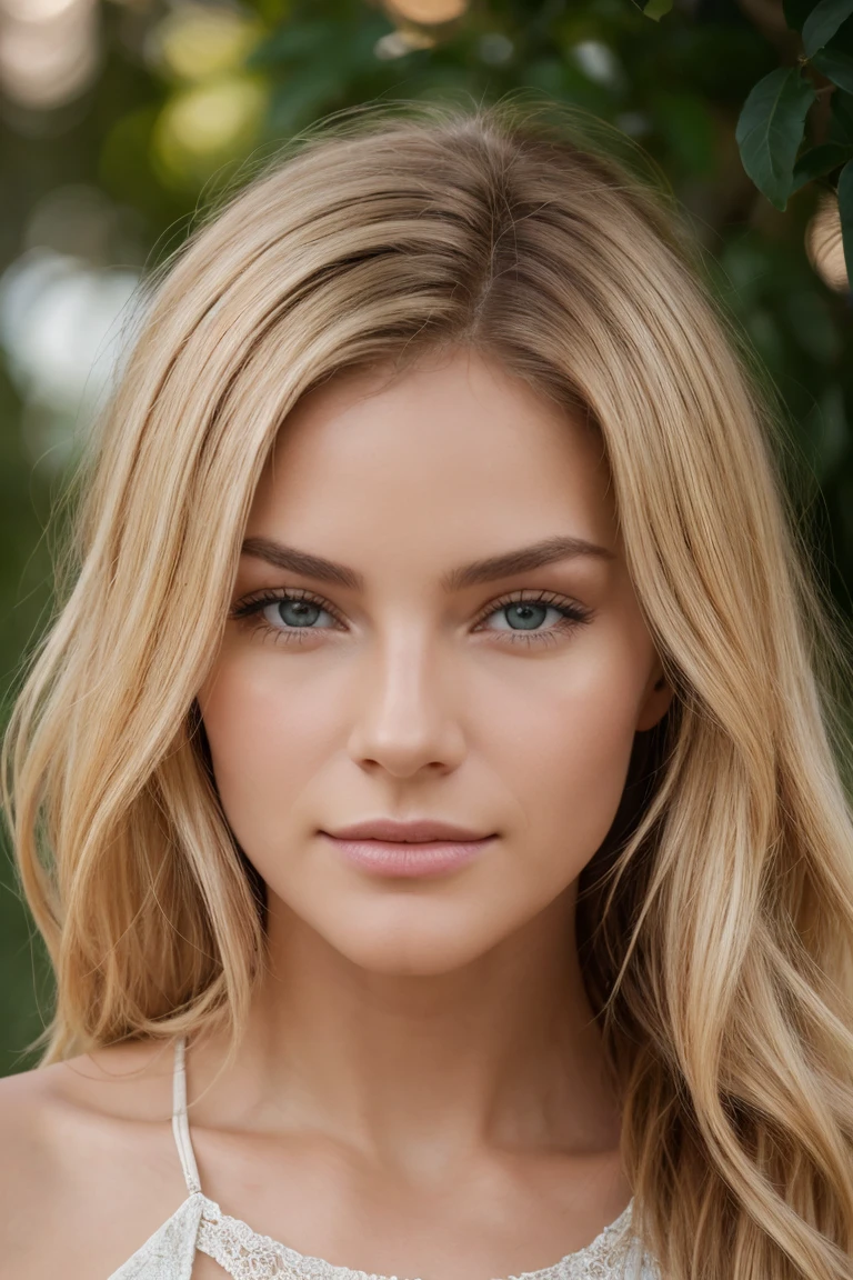 proFessional portrait photograph oF a gorgeous 19 year, réaliste, photoréaliste, realistic skin texture, real life, Photo brute, longs cheveux blonds ondulés, couleur de cheveux blond, Peau détaillée 8K, texture naturelle de la peau, réaliste skin texture, picture-visage parfait, grain de film, hdr, peau douce, sourir, ombre de haute qualité, anatomie parfaite, symétrie parfaite:1.2, visage parfait, heureux, Éclairage doux, profondeur de champ, bokeh, réaliste, Ultra haute résolution, éclairage cinématographique, netteté, réaliste hair strands, expressions faciales subtiles, couleurs vives, objectif 50 mm, angle standard, Fond extérieur, Lumière naturelle du soleil, heure d'or, ombres douces, tons chauds,