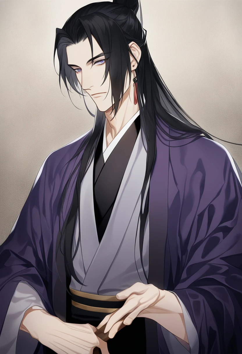 (masterpiece, best quality:1.2), 1male, solo, jiang cheng, mo dao zu shi, mdzs, purple and black clothes, purple eyes, long black hair, perfect anatomy