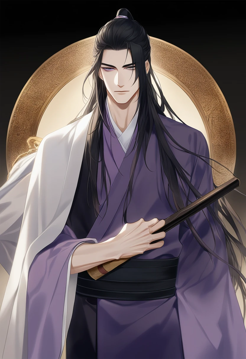 (masterpiece, best quality:1.2), 1male, solo, jiang cheng, mo dao zu shi, mdzs, purple and black clothes, purple eyes, long black hair, perfect anatomy