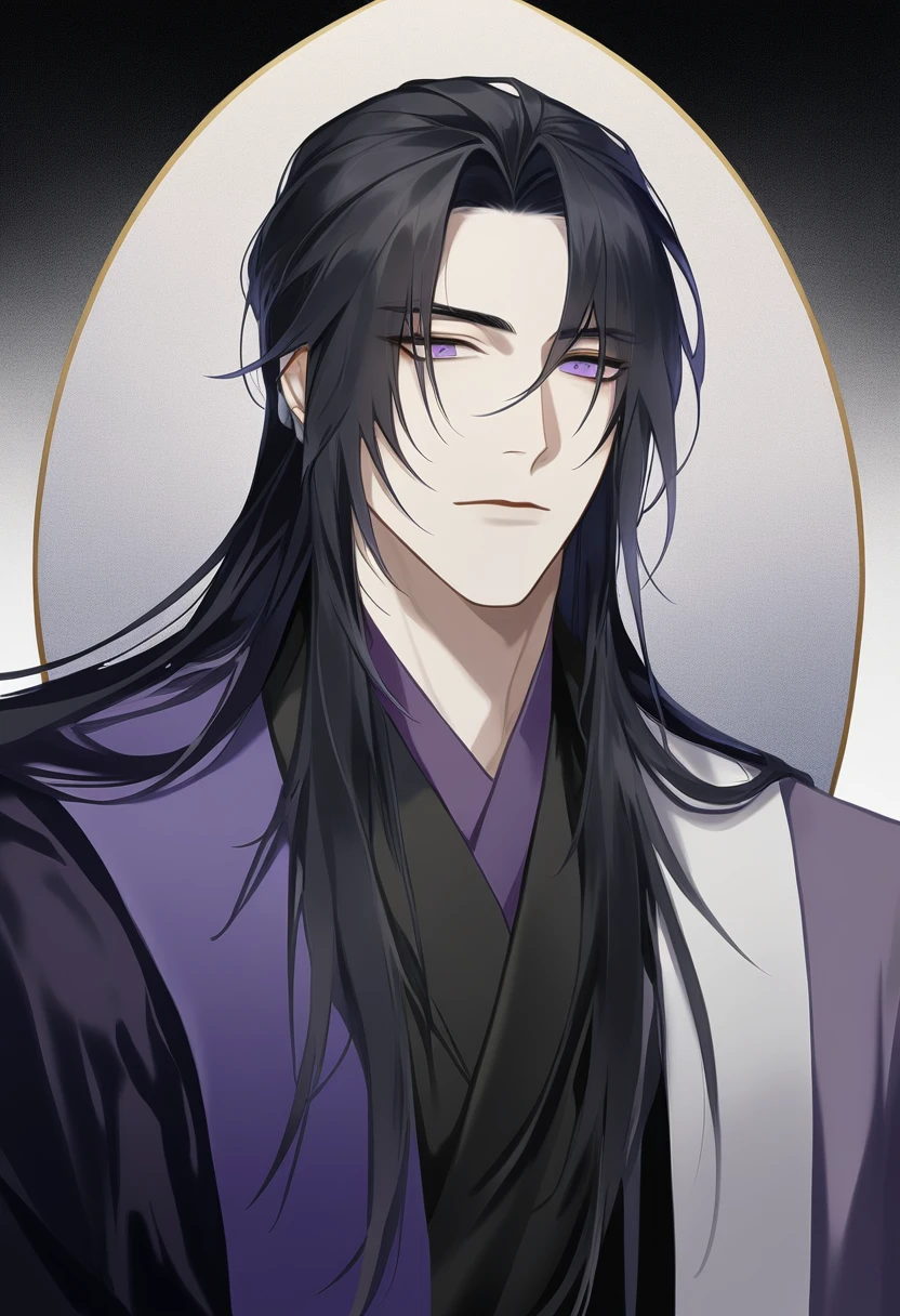 (masterpiece, best quality:1.2), 1male, solo, jiang cheng, mo dao zu shi, mdzs, purple and black clothes, purple eyes, long black hair, perfect anatomy