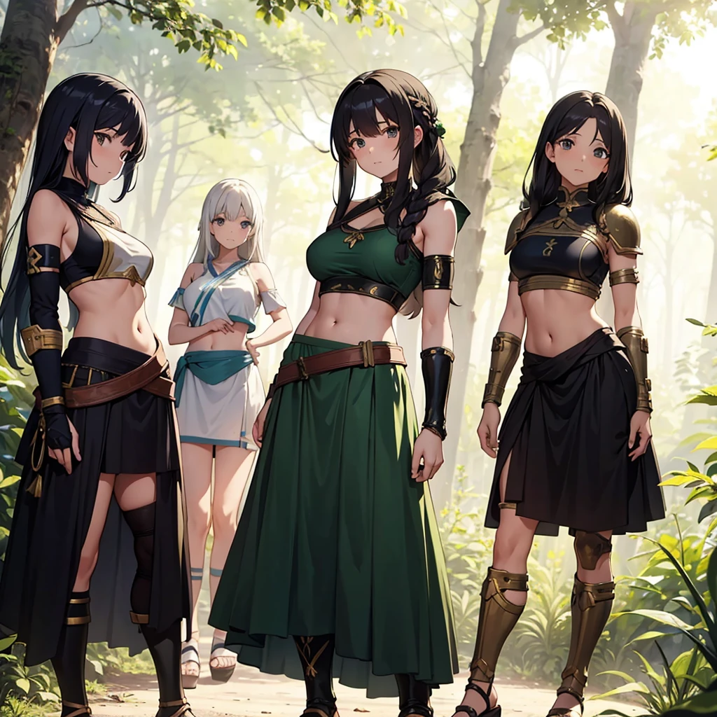 a group of greek warriors womans in togas , only girls , forest in the background , light armor , elbow pads, knee pads, shoulder pads, black armor , sandals , sexy, exposed belly, muscular girl, defined abdomen,stomach, multiple girls, looking at viewer , long hair, bare shoulders, outdoors, sandals