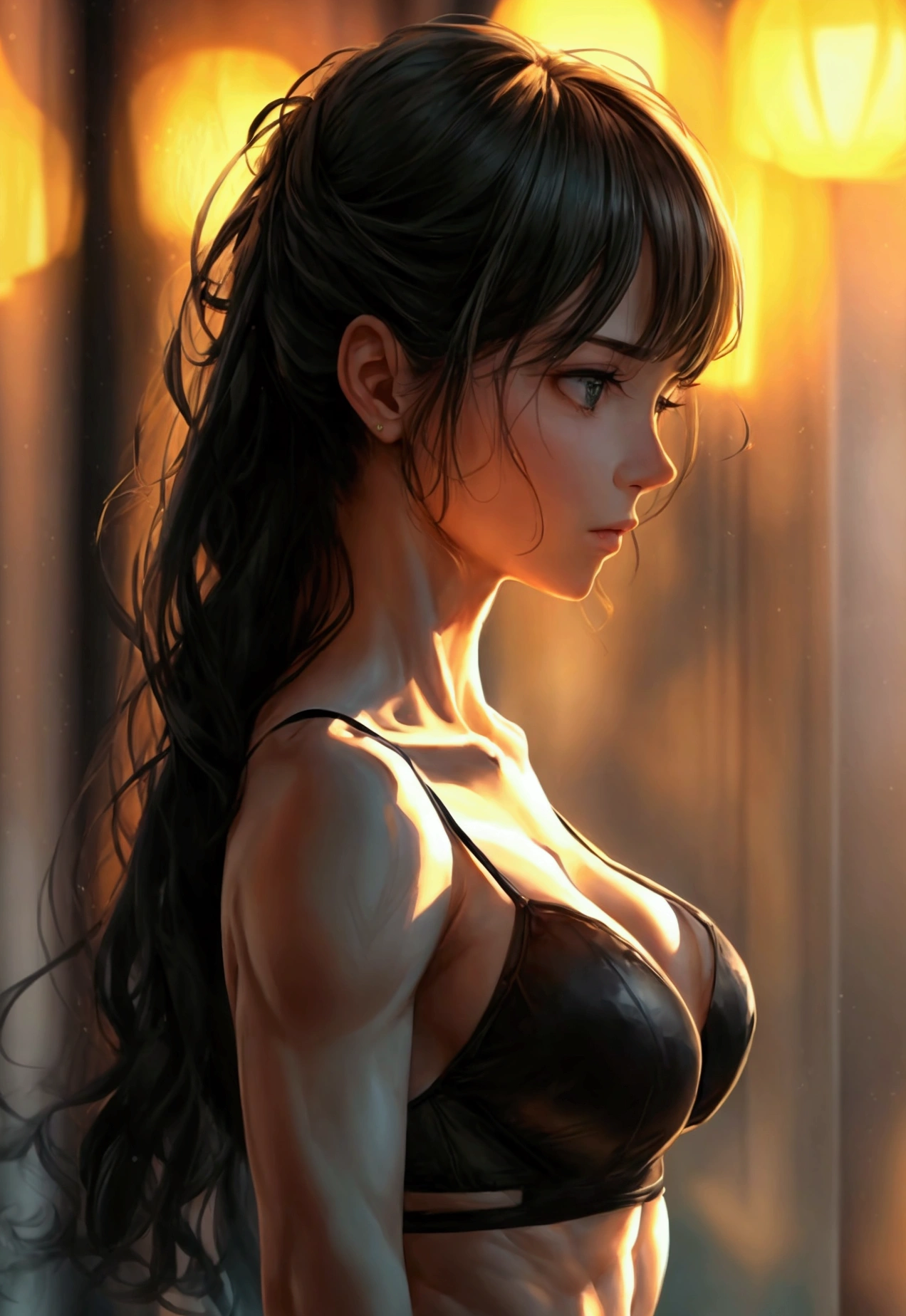 She had a beautiful face, but marked by the effort and training she had undergone. Her features were delicate, with a look that was both serious and innocent. His body was athletic, with fighting training having shaped his limbs and waist with defined muscles. In contrast to the rest of her body, her chest was soft and smooth, hidden by the black bra she wore. A scene in a romantic hotel
