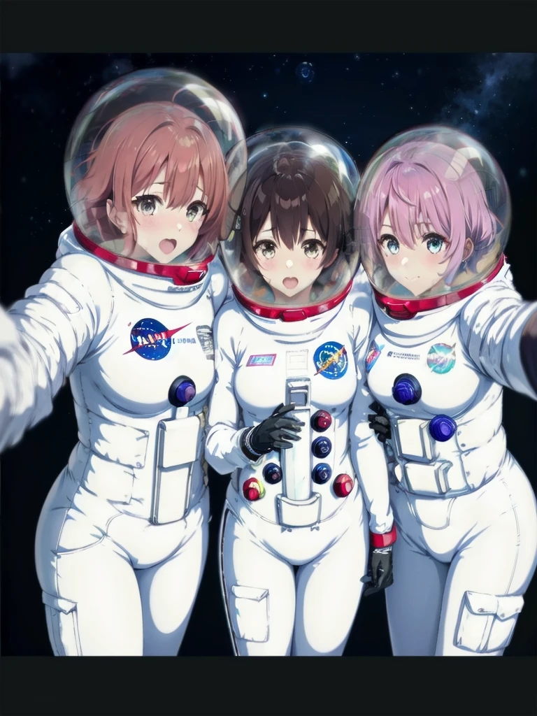 eva helm, spacesuit , astronaut), from above, pink hair, bubble helmet, space helmet,wearing a (spacesuit:1.15), white cargo pants, hovering, flying, moon surface, earth, floating pose, happy, smilebeautiful 8k wallpaper, highly advanced, (sleek design:1.3), intricate, highres, superb, 8k wallpaper, extremely detailed, intricate,(3girl:1.5), (three girl:1.5),,, intricate, approaching the viewer, looking at the viewer, pov, reaching out viewer, necklace, nail polish, looking at viewer, yuritamashi style, selfie, bubble helmet, space helmet,