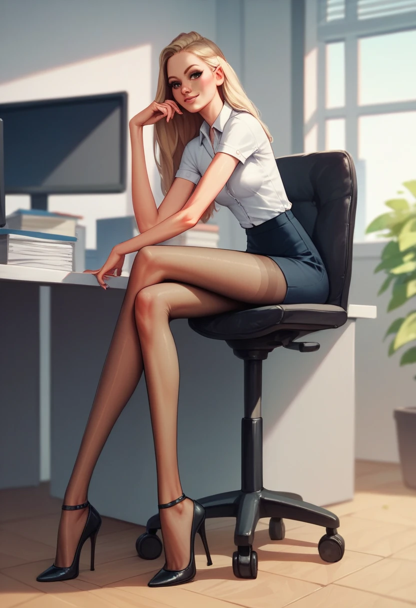Skinny Skinny Goddess. anorexia. Thin very very thin legs, unrealistically long legs in tights with heels. sits in the office. Highest quality