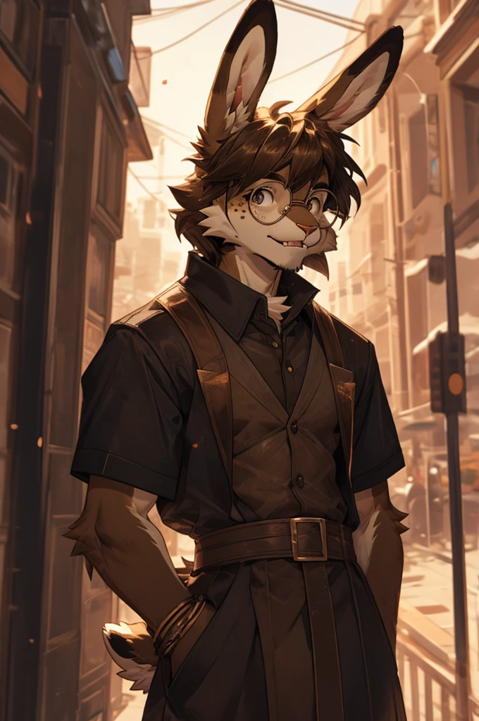 ((((1 male)))), full body, solo, anthro, furry,  bunny, rabbit, male, round glasses, ((brown fur)) , freckles, short bangs, slim, wide hips, wearing casual clothes, fluffy, big teeth