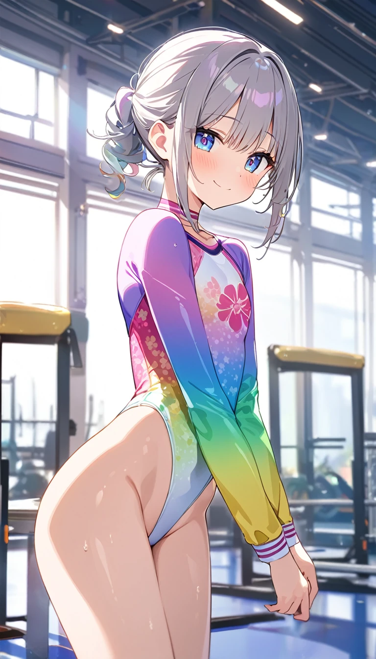 expensivequality illustration, masterpiece, Very delicate and beautiful, Attractive girl,(Gymnastics leotard, Floral print leotard,キラキラ輝く装飾が施されたLong sleeve leotard,expensive_Leg leotard,athletic leotard,tight-fitting leotard,Rainbow gradient leotard,Long sleeve leotard),thin,Slender body,slim,expensive school,Gymnasium background,Gymnastics Club,Gymnast,Princess, Beautiful Eyes,A light smile,(masterpiece, Highest quality:1.2), expensiveres, 非常に詳細な CG ユニティ 8K 壁紙, Perfect lighting, colorful, ultra-expensive res,4K,Super detailed, photograph, 8K, High resolution, , whole body,