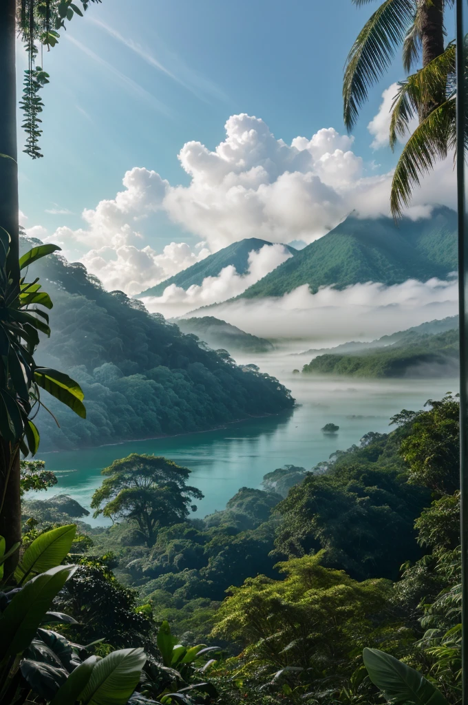 villa in the rainforest at the bank of Lake and mist is all over the rainforest. Style-Glass, panaramic view, Masterpiece artwork, high qualiy, by Nikon D850, 4 Kodak Camera Portra 400 F1 Lens.6 colors rich hyper realistic texture dramatic lighting irrealengine trending on artstation cinestill 800,