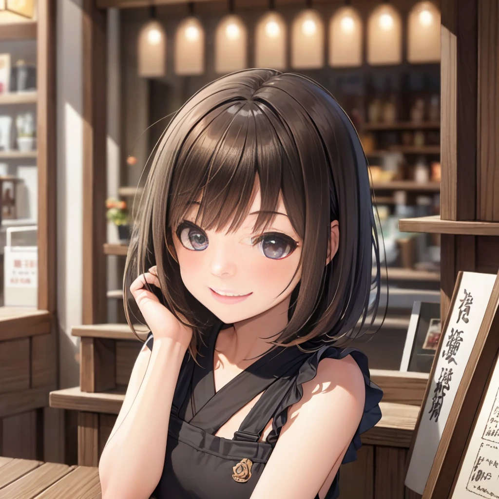 japanese (masutepiece, Best Quality, Ultra High Resolution),1girl in,Short hair, Brown hair, beautiful and detailed face, Detailed eyes,Cafe clerk in apron, in a cafe,(in your 40s)((a smile))