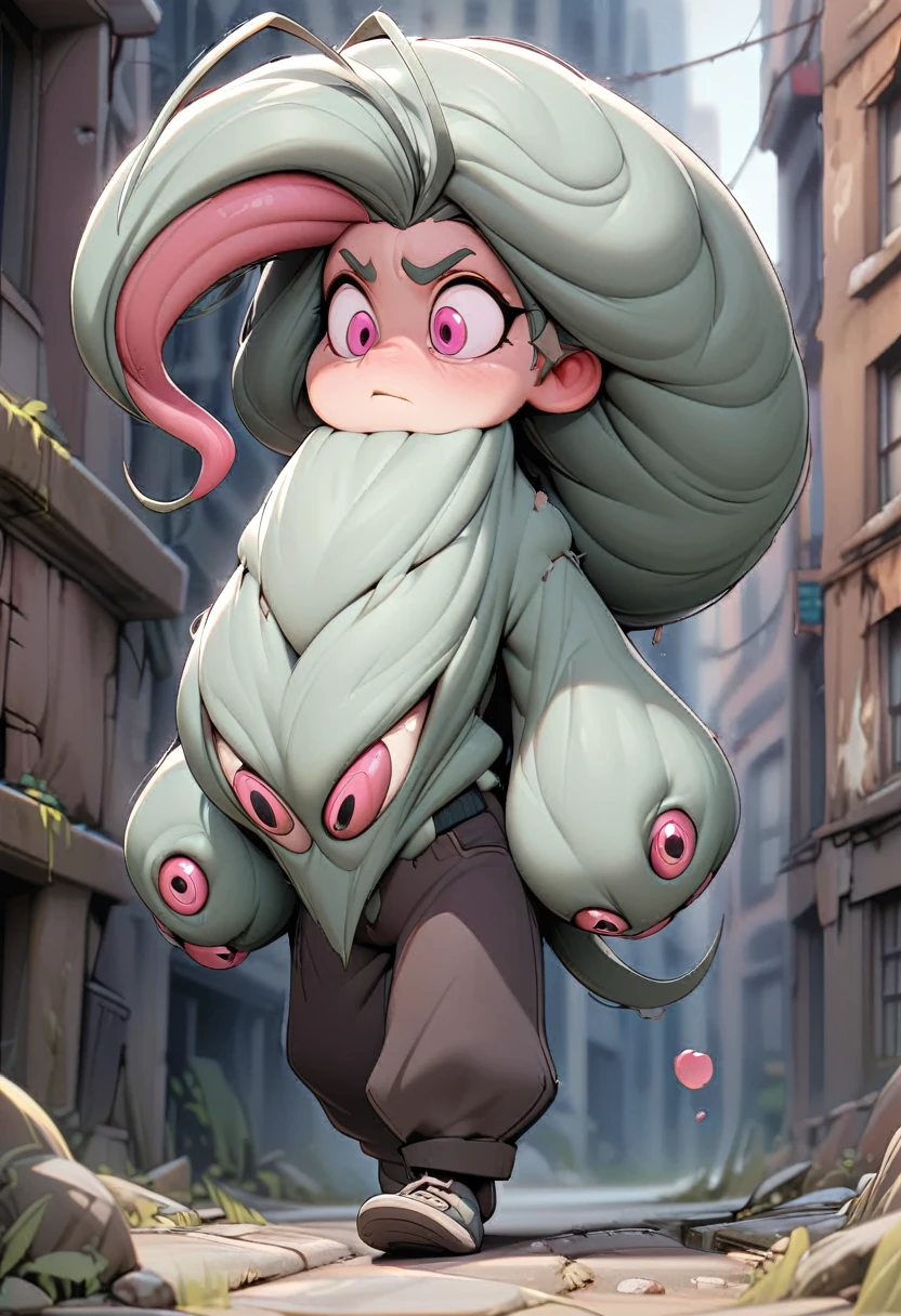 full body view of a creature, teal fur, gigantic round auricle, pink eyes, anorexic, wearing pants, bare torso, antenna on jaw, walking, in an abandoned city
