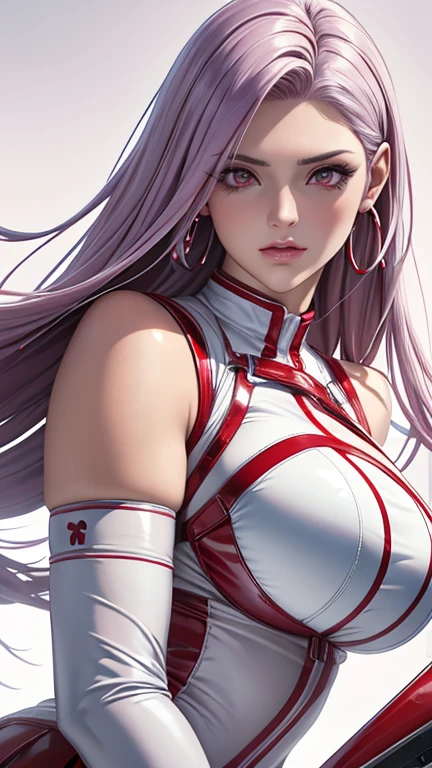 red eyes, (highest quality, masterpiece painting:1.3), immature woman, 16 years old, (half body shot), masterpiece, ultra high resolution, (Photoreal:1.0), ((light purple hair)),straight hair, beautiful shining hair, white and shining skin, ((Ultra realistic details)), octane rendering, highly detailed face, (big breasts:0.8), bare shoulder, light red pvc outfit, (light red pvc serafuku:1.3), (light red pvc pleated skirt), light red pvc elbow gloves, light red pvc thigh boots, (garter straps:1.2), Fabric Glows, open neckline, cleavage, perfect body, soft skin, silver earrings, (pure white background:1.4), sharp focus, intricate details, professional artwork, (bright colors:1.1), bright colors, diffused lighting, digital blending, ultra-definition body, ultra detail hair, super detailed face, that'It's trending on pixiv, top button open, Cute gaze, compensate, perfect lips, perfect compensate, Ultra-precision coating, (light_smile:0.8), (smugness:1.2),blush your nose,