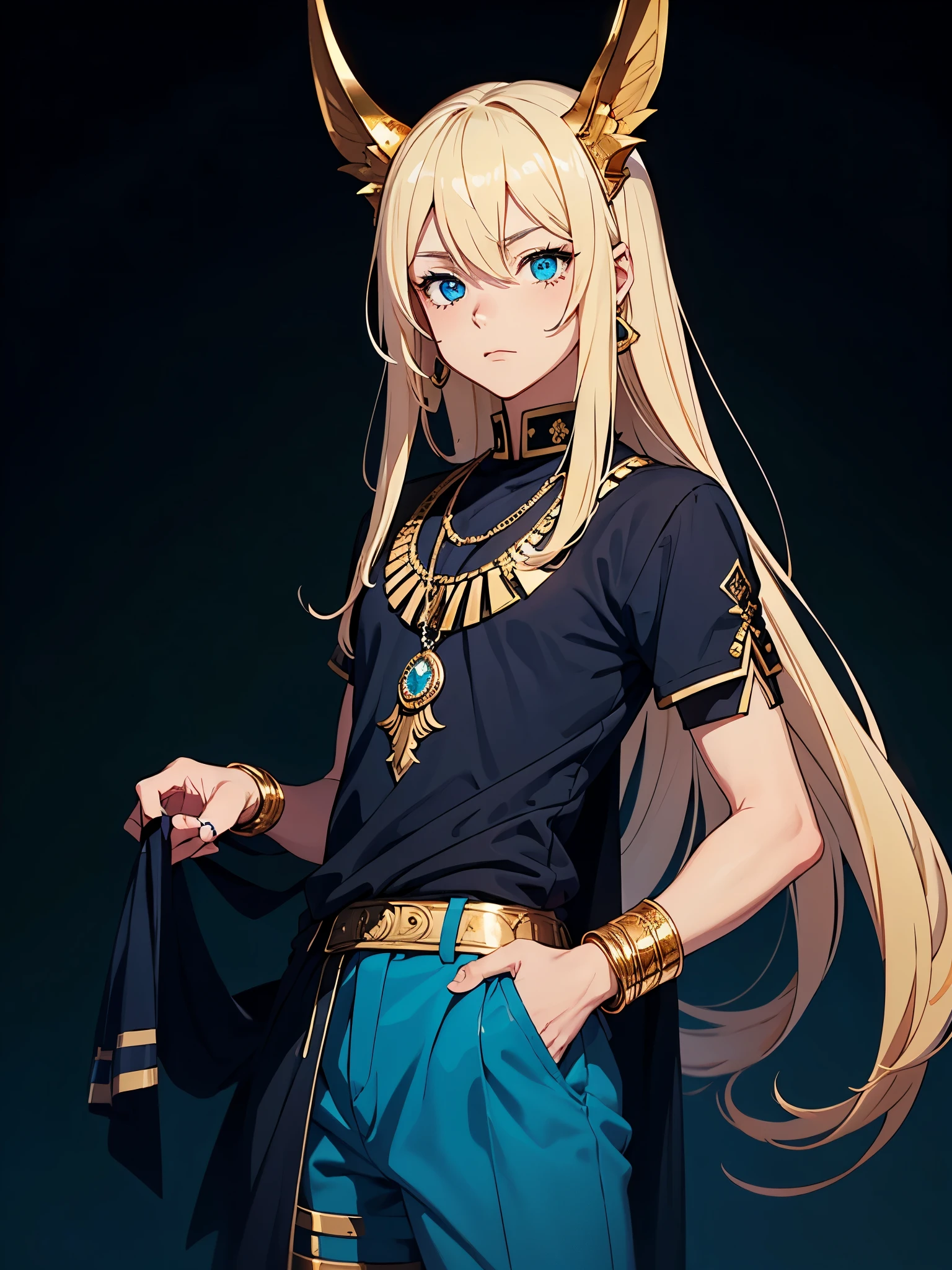 Schakalohren mit Fell. More anime style. cutie pie. アニメ! . Egyptian deity Anubis. Egyptian blue clothing. Blue clothes.  long blond hair. Lots of gold jewelry. dark skin. Egyptian. dazzling blue eyes. mystical. divine.