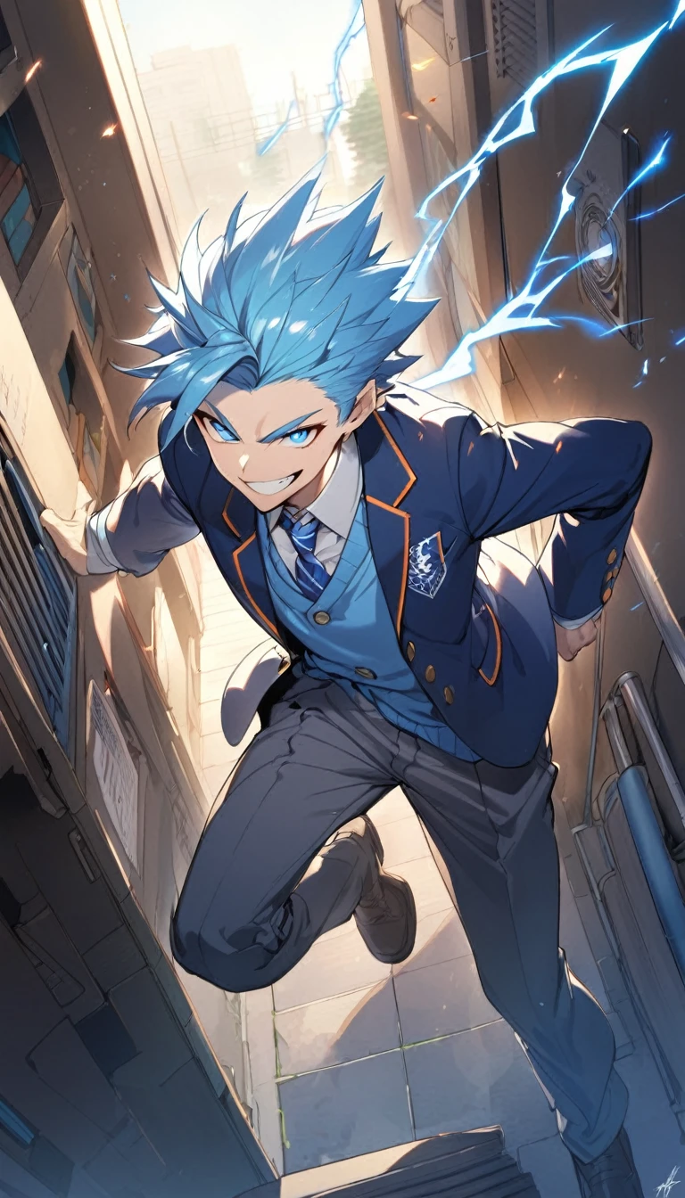 1 guy,School,Uniform,blazer with logo,pants,blue hoodie,spiky light blue hair,blue eyes, small grin ,blue lightning,