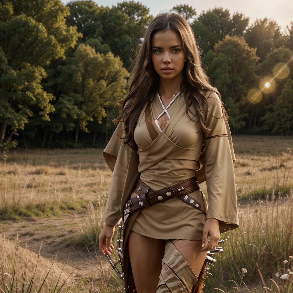 adriana lima, thick brown hair, hot , Ukrainian girl, wavy brown hair, Dasha Taran, pretty beautiful brunette, (solo one girl : 2.0), ((FULL BODY)) ((KNEES VISIBLE)) ((HANDS VISIBLE)) A photorealistic photograph of a full-length body, side view, tall young 20 year old blonde woman supermodel, fitness model standing in a meadow wearing a ((white, beige and brown inspired Jedi cosplay outfit)) . The woman has a beautiful, toned, body. The image is realistic, highly detailed. Very high resolution, 8k rendering, late afternoon lighting with the sun setting and the horizon red. The lighting is perfect, the scene is sharp, extreme realism, cinematic image. Hyper detailed face, beautiful piercing eyes, hair blowing in the wind