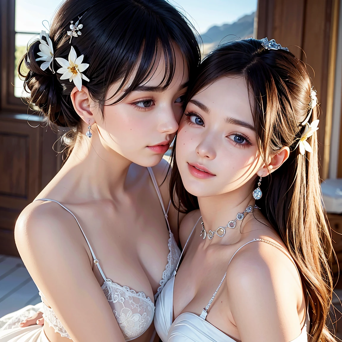 (masterpiece, highest quality, official art, beauty and aesthetic), perfect anatomy, two stunning bride is deeply in love with each other, kiss, flower, romantic atmosphere, aurora