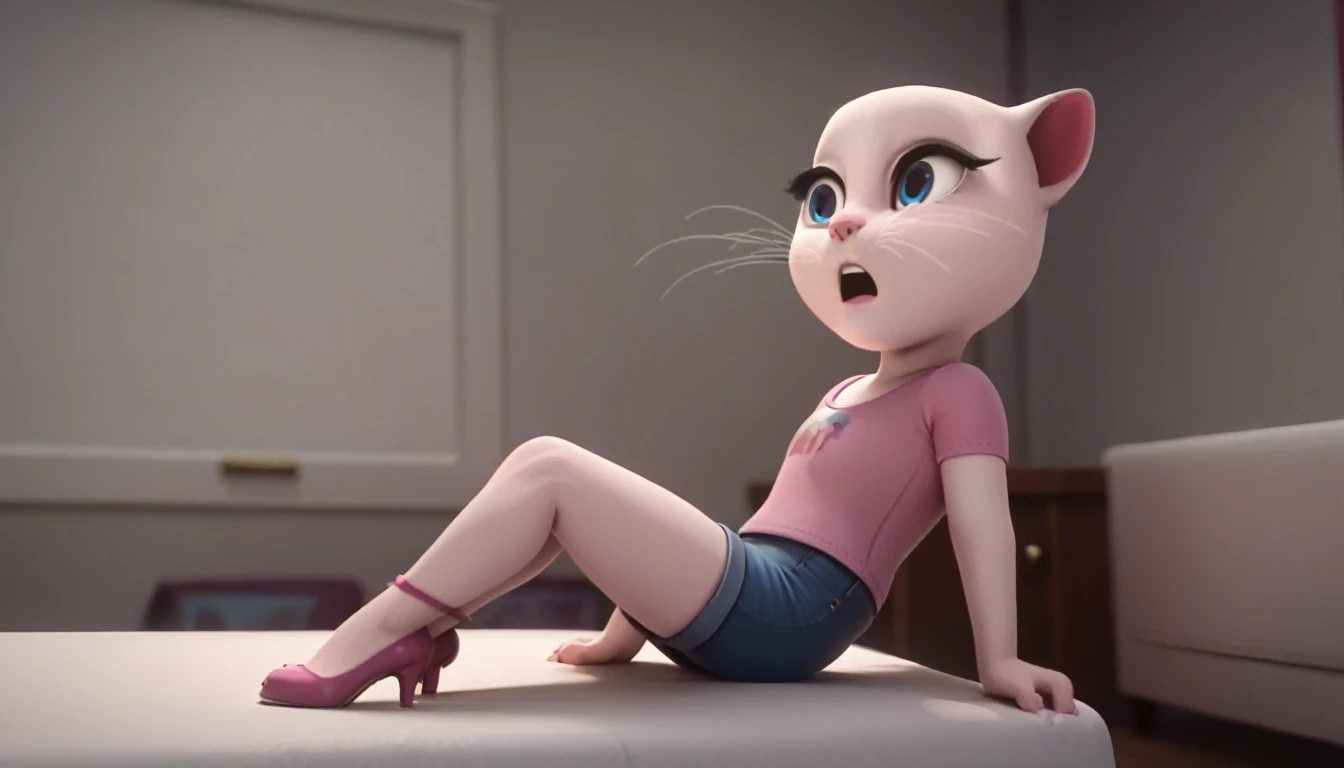 solo focus, a_la, 1girl, cat, white fur, long whiskers on both sides of the face, big bright blue eyes, big black eyelashes, pink nose, triangular ears with pink channels, high heels.short jeans pulled down. 1 girl and 1 boy human. side view. in bed. woman facing back The man is sitting on the chair. Woman sits on man anal screaming, lying, at home, looking back, big penis, 1 male rape, girl . Score_9, Score_8_up, Score_7_