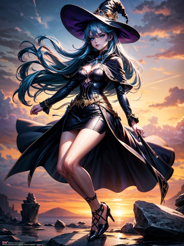 In the middle of so the storm on the stone field stand beatiful witch, she have a beautiful face with blue eyes shining purple lipstick and purple eye shadows, she have long blue hair with purple highlights, she dressed in black long coat short skirt high heels shoes and witch hat on her head , there is lighnings all around her, (ultra high quality fantasy art, anime fantasy style, masterpiece, ultra high quality character design, 8k quality anime art, realistic anime art, top quality wallpaper illustration, detailed ultra high quality accurate face, high quality design and accurate physic)
