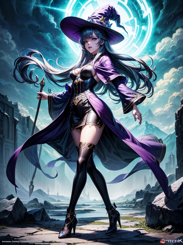 In the middle of so the storm on the stone field stand beatiful witch, she have a beautiful face with blue eyes shining purple lipstick and purple eye shadows, she have long blue hair with purple highlights, she dressed in black long coat short skirt high heels shoes and witch hat on her head , there is lighnings all around her, (ultra high quality fantasy art, anime fantasy style, masterpiece, ultra high quality character design, 8k quality anime art, realistic anime art, top quality wallpaper illustration, detailed ultra high quality accurate face, high quality design and accurate physic)