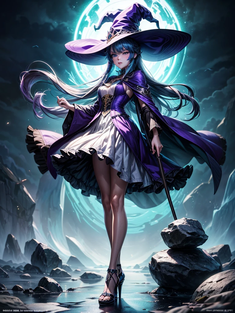 In the middle of so the storm on the stone field stand beatiful witch, she have a beautiful face with blue eyes shining purple lipstick and purple eye shadows, she have long blue hair with purple highlights, she dressed in black long coat short skirt high heels shoes and witch hat on her head , there is lighnings all around her, (ultra high quality fantasy art, anime fantasy style, masterpiece, ultra high quality character design, 8k quality anime art, realistic anime art, top quality wallpaper illustration, detailed ultra high quality accurate face, high quality design and accurate physic)