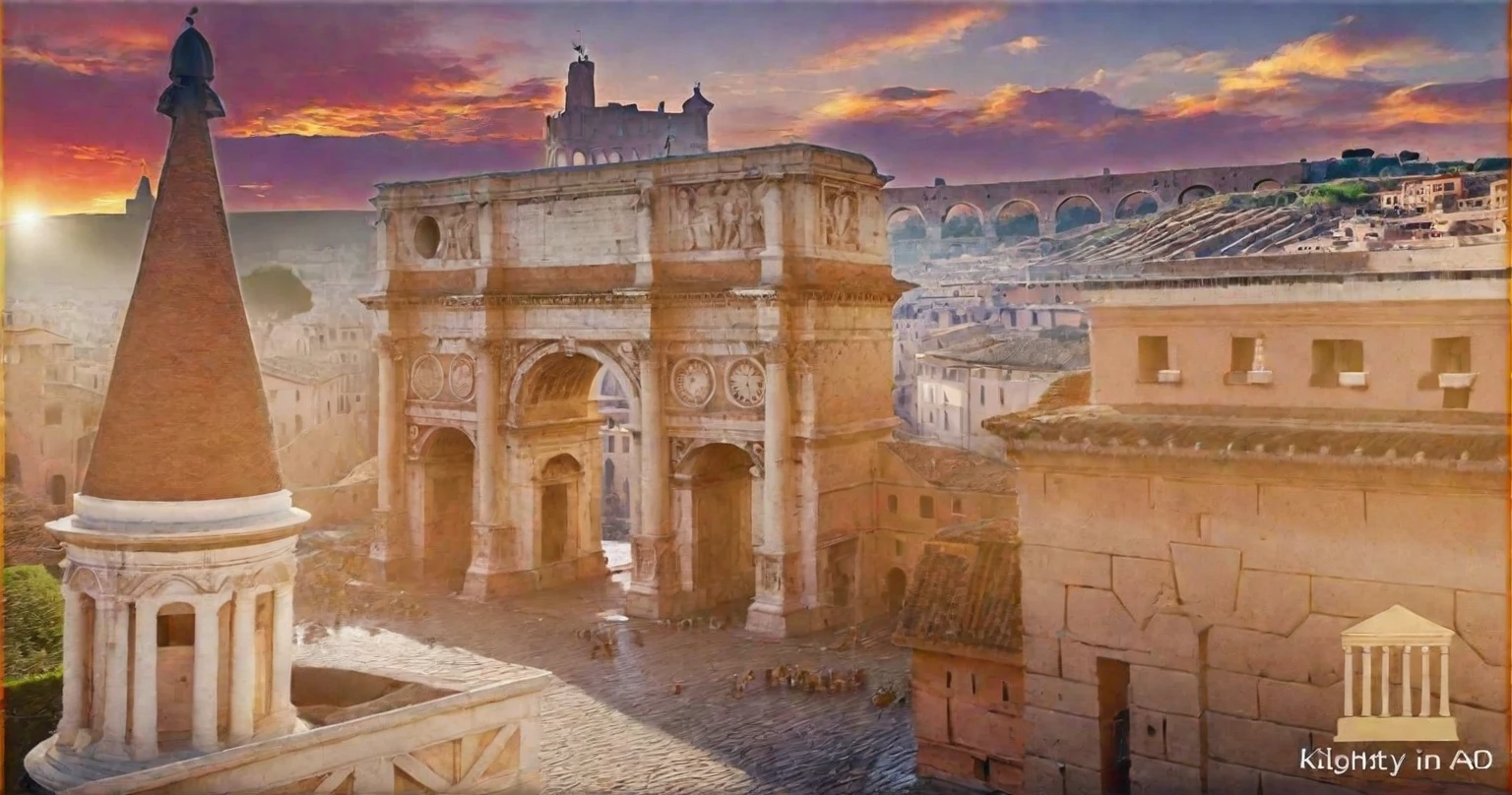 arafed view of a city with a lot of buildings and a clock tower, roman city, rome, ancient rome, rome in background, eternal city, roma, roman monuments, ancient roman setting, rome backdrop, roman historic works, market in ancient rome, old roman style, colosseo, city ruins in the background, ancient roman style, view from slightly above