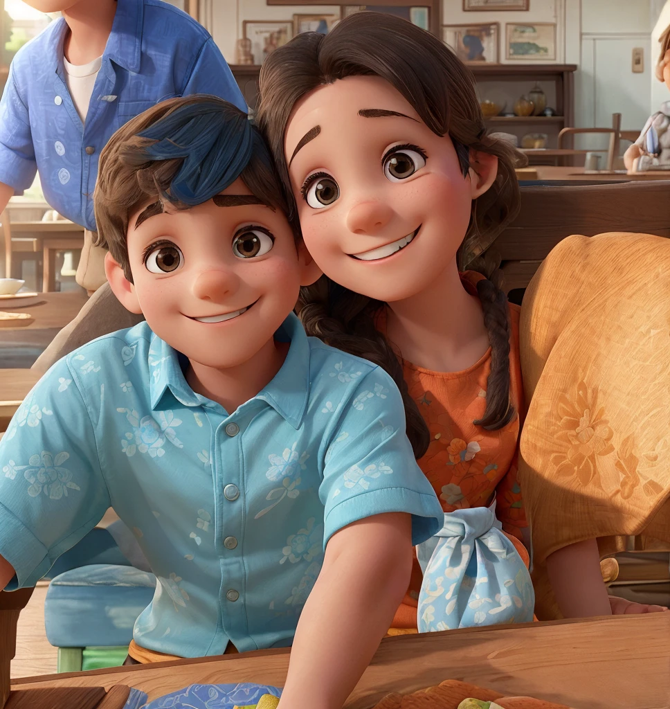 A young boy and a woman are seated at a table, both smiling broadly. The boy is wearing a blue shirt with a floral pattern and the woman has an orange top. They seem to be enjoying their time together. In the background, there's a bustling restaurant setting with other patrons and tables.