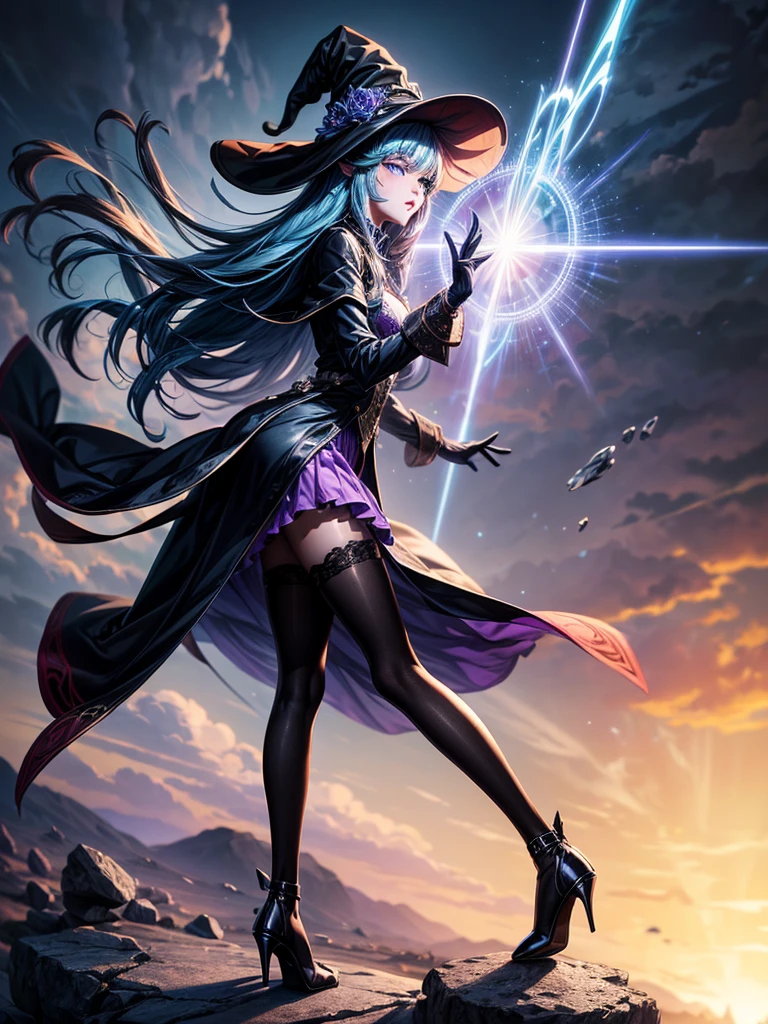 In the middle of so the storm on the stone field stand beatiful witch, she have a beautiful face with blue eyes shining purple lipstick and purple eye shadows, she have long blue hair with purple highlights, she dressed in black long coat short skirt high heels shoes and witch hat on her head , there is lighnings all around her, (ultra high quality fantasy art, anime fantasy style, masterpiece, ultra high quality character design, 8k quality anime art, realistic anime art, top quality wallpaper illustration, detailed ultra high quality accurate face, high quality design and accurate physic)