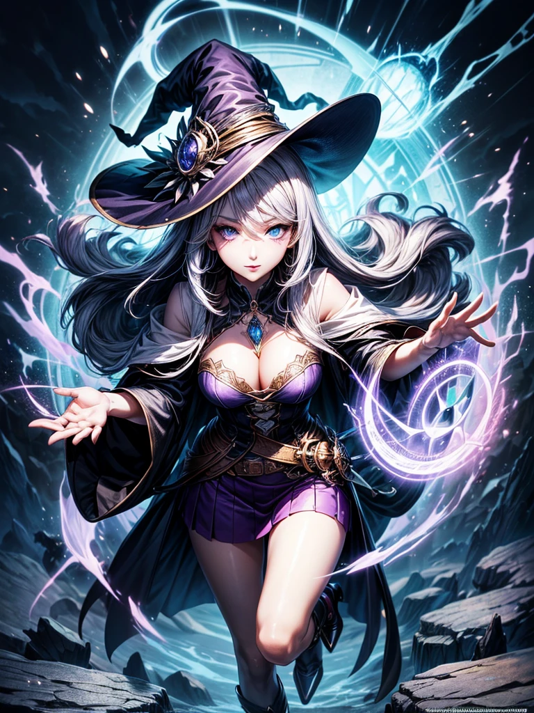 In the middle of so the storm on the stone field stand beatiful witch, she have a beautiful face with blue eyes shining purple lipstick and purple eye shadows, she have long blue hair with purple highlights, she dressed in black long coat short skirt high heels shoes and witch hat on her head , there is lighnings all around her, (ultra high quality fantasy art, anime fantasy style, masterpiece, ultra high quality character design, 8k quality anime art, realistic anime art, top quality wallpaper illustration, detailed ultra high quality accurate face, high quality design and accurate physic)