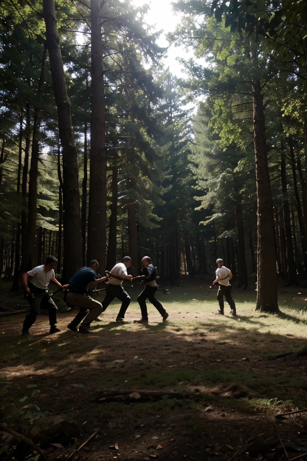 Group of men beating a man in the forest. Only the shadows are seen