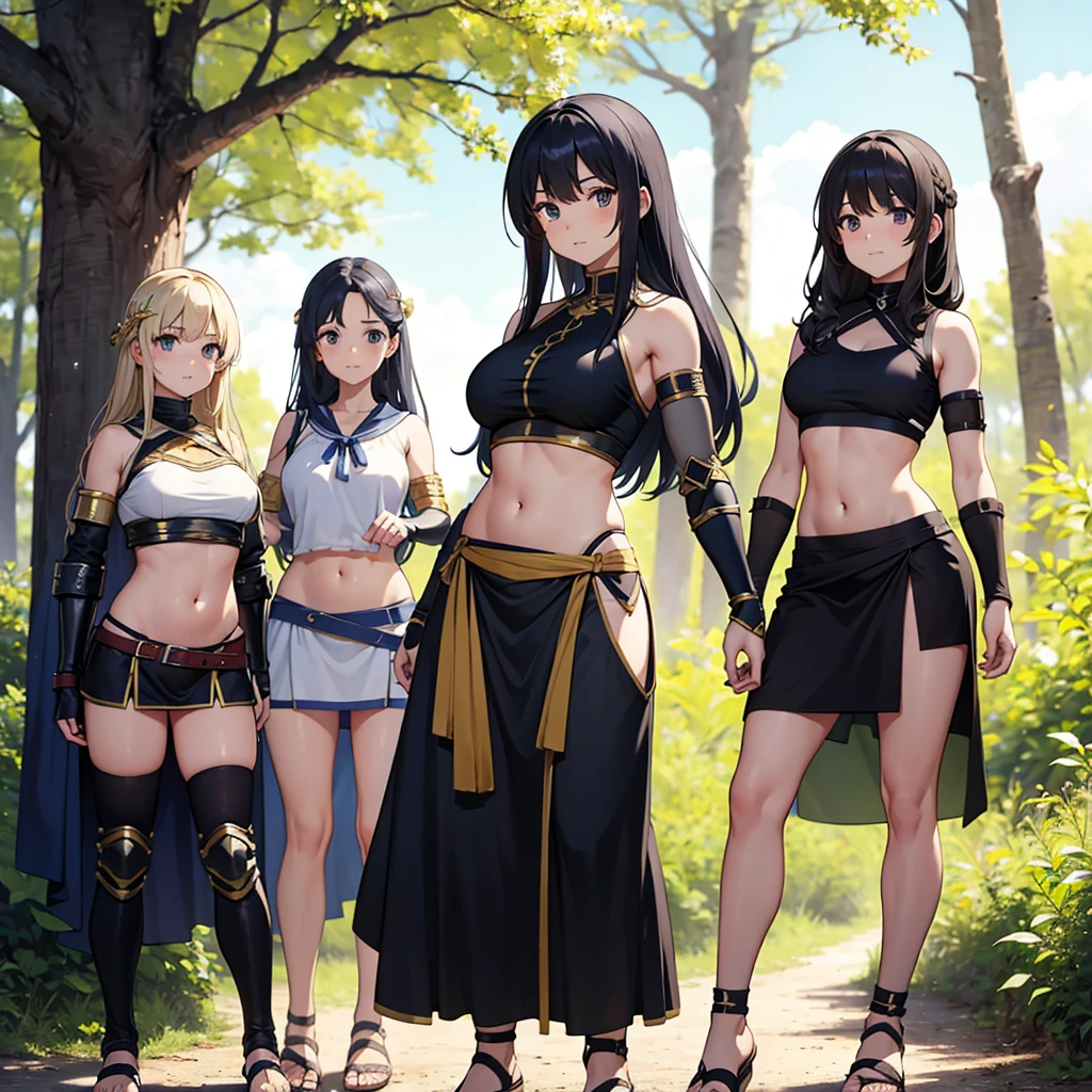 a group of greek warriors womans in togas , only girls , forest in the background , light armor , elbow pads, knee pads, shoulder pads, black armor , sandals , sexy, exposed belly, muscular girl, defined abdomen,stomach, multiple girls, looking at viewer , long hair, bare shoulders, outdoors, sandals