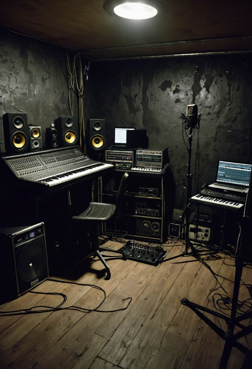 Amateur photo in an underground recording studio with a minimum of equipment in the frame, a company of Russian white underground rappers recording a track in a dark studio, photo taken by one of the group members, an ordinary cheap studio, gloomy look, high quality, realism, hyperrealism, crime rap,