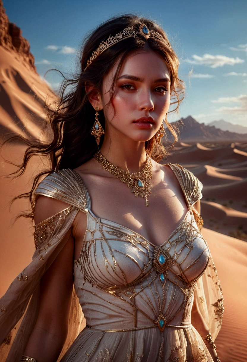 1girl, Desert Princess, A beautiful desert princess, detailed face, long eyelashes, full lips, flowing dress, intricate jewelry, desert landscape, dramatic lighting, epic fantasy, cinematic, highly detailed, 8K, masterpiece, best quality, very aesthetic, absurdres