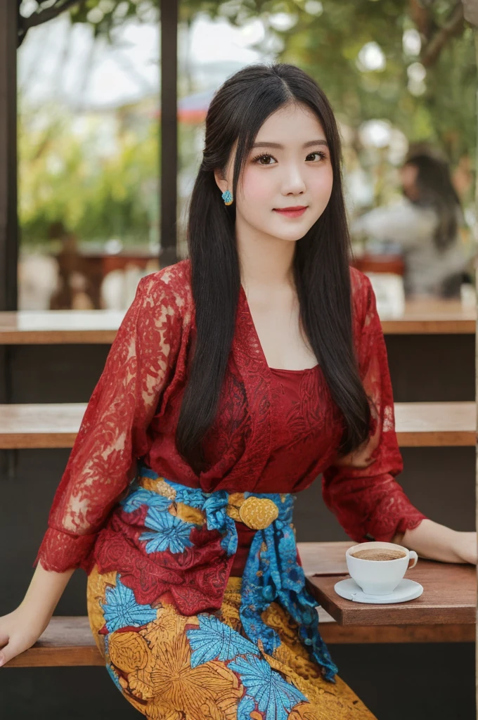 masterpiece: 1.4), (8K, Photorealistic, Raw photography, Best image quality: 1.4), Chubby Chinese girl, 19 years old, (Random hairstyle: 1.2), full body Super Detailed skin, sharp focus 1.3 beautiful girl : 1.2 masterpiece light best quality black hair、超 High resolution (Photorealistic: 1.4), Slight smile, watch, very detailed and professional lighting red kebaya, and batik patterned sarong skirt, Serious facial expression, Sitting on a coffee shop bench