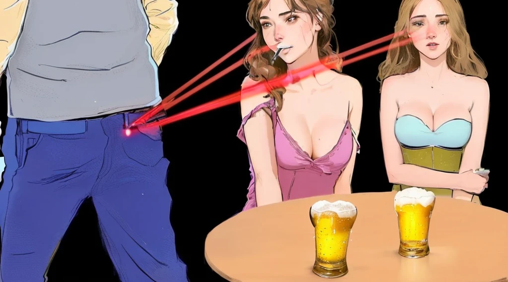 there are three women sitting at a table with two men standing behind them, drinking beer, drinking a beer, drinking alcohol, sky high level of alcoholism, in a bar, people drinking beer, at a bar, lasers shooting out of eyes, drinking at the bar, holding beer, drinking and smoking, in a pub, with a drink, alcohol