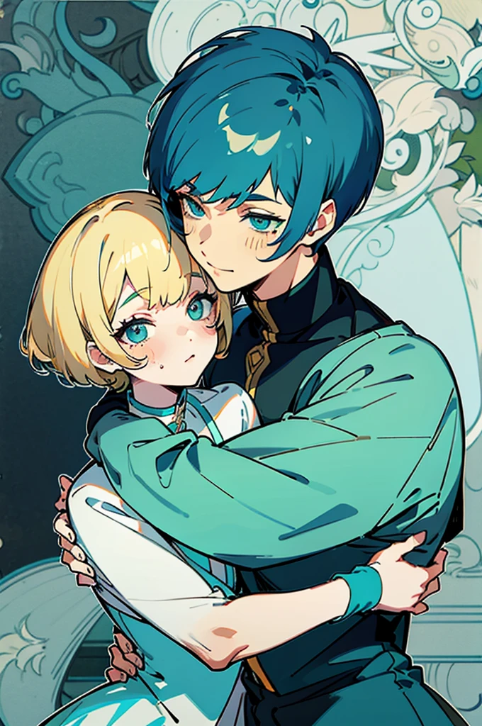 two males, one with blonde spiky curly hair and cyan eyes hugging happyly another feminen male with very short bowlcut cut dark blue hair and eyes with beauty marks on his face