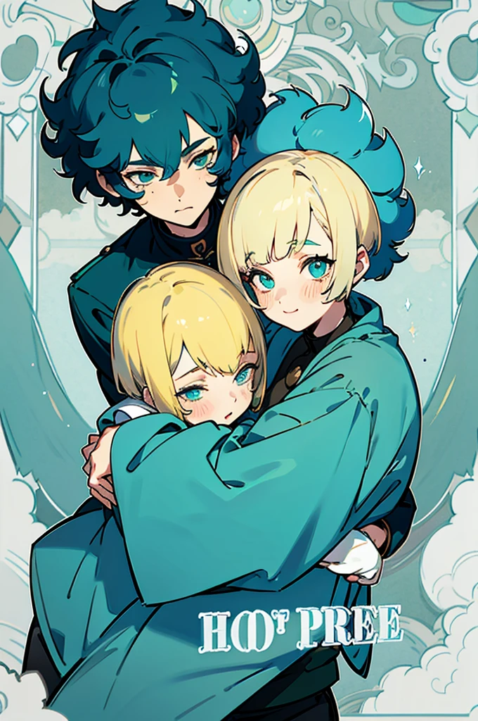 two males, one with blonde spiky curly hair and cyan eyes hugging happyly another feminen male with very short bowlcut cut dark blue hair and eyes with beauty marks on his face
