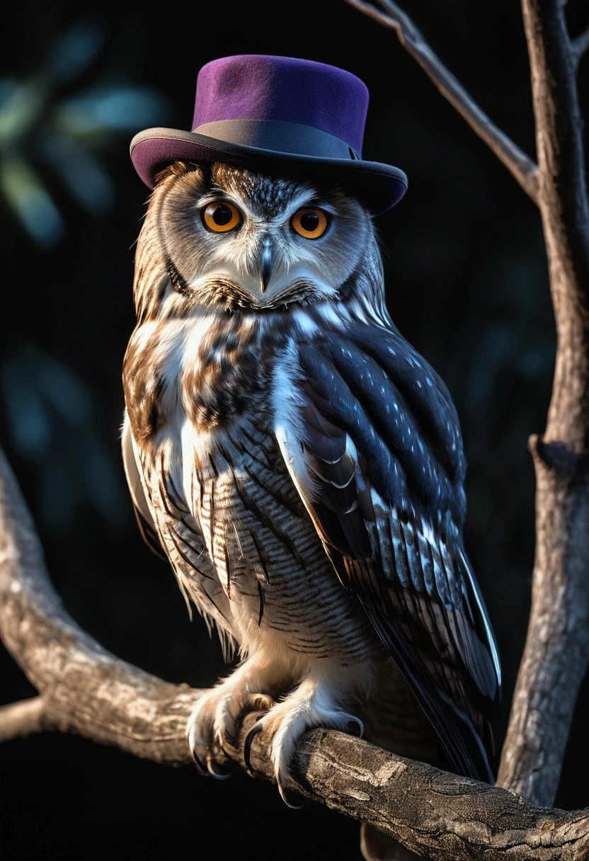 owlship, blue feathers, humanoid, wearing black suit, fedora hat, mysterious look,Brunetette,2d,(best qualityer,4K,8K,high resolution,work of art:1.2),ultra detali,(realisitic,photorealisitic,photo-realisitic:1.37),illustration,night time scene,detailed feathers,gorgeous eyes,majestic,moonlit,Starry sky,peaceful,quiet,Silent,subtle colors,Dark tons,sharp focus,soft highlights,serene,calm shadow,dream like,meticulous lines,straight posture,pointed beak,Thick eyebrows,perched on a tree branch,elaborate standards,naturey,branches framing the owlship,ethereal glow,quizzed look,long claws,complex textures,aura of mystery,Magia no ar,deep blues and purples,Depth of field,powerful presence