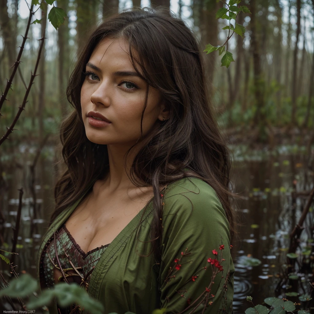 adriana lima, thick brown hair, hot , Ukrainian girl, wavy brown hair, Dasha Taran, pretty beautiful brunette, (solo one girl : 2.0), swamp girl, (a beautiful girl with gray-green skin covered with mud, hair with algae and scarlet flowers and a wolf at the edge of the swamp in the moonlight) swamp, gaunt trees, grasses, lichen, fireflies, lots of bright colors, thorns and scarlet frost. landscape, (hyperrealism, photorealism, microdetailing) detail drawing, stardust, watercolor, ink, clear outline, luminous, 3d, threads, layered, dark fantasy, dark botanical, color illustration, three-dimensional, (hyperdetailing) ((perfect, highly detailed anatomy))