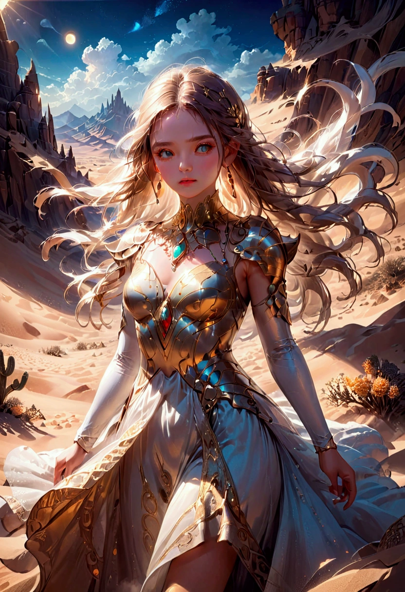 1girl, Desert Princess, A beautiful desert princess, detailed face, long eyelashes, full lips, flowing dress, intricate jewelry, desert landscape, dramatic lighting, epic fantasy, cinematic, highly detailed, 8K, masterpiece, best quality, very aesthetic, absurdres