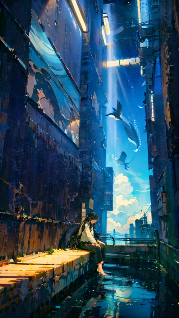 masterpiece, Exquisite detail,Highest quality, One girl, alone, handrail, cloud, Looking up at the buildings,Long Hair, zero, Long sleeve, Power lines, White footwear, Black Hair, View your viewers, Electric pole, bangs, cloudy zero, fish, bird, Green Eyes, Shorts, Day, Black Shirt, barefoot,Whale flying in the sky,Giant whale,night,Star,milky way,night,Pitch black,Buildings,Sitting, High quality anime art style,Standing painting,Splash ink background,Blue Themes,Clear Face,Distinct facial features