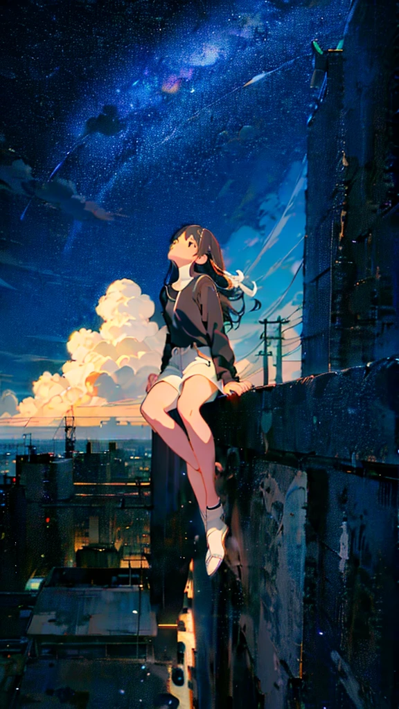 masterpiece, Exquisite detail,Highest quality, One girl, alone, handrail, cloud, Looking up at the buildings,Long Hair, zero, Long sleeve, Power lines, White footwear, Black Hair, View your viewers, Electric pole, bangs, cloudy zero, fish, bird, Green Eyes, Shorts, Day, Black Shirt, barefoot,Whale flying in the sky,Giant whale,night,Star,milky way,night,Pitch black,Buildings,Sitting, High quality anime art style,Standing painting,Splash ink background,Blue Themes,Clear Face,Distinct facial features