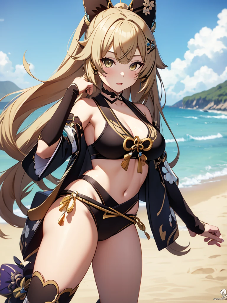 Kirara from Genshin Impact game, 1girl, wearing only a sexy bikini at a beach ,  kirara hair style, 8k, high detailed, high quality