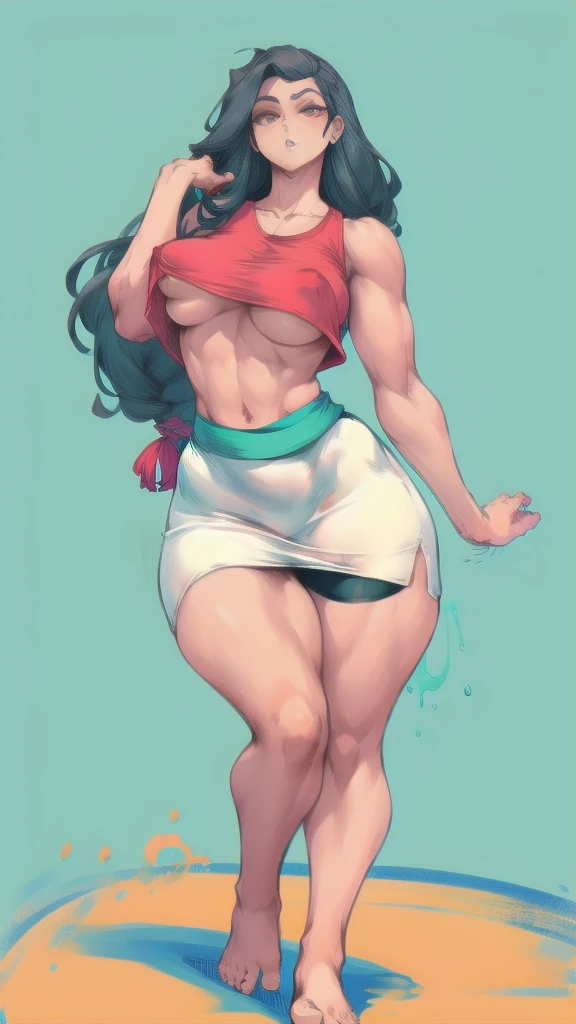 Full body image of Moana from Moana, full body in image, wearing her original outfit (red crop top, cream skirt with a sash, and accessories), long wavy black hair, female body, athletic and slender body, dynamic pose, detailed pose, simple background, expressive face showing determination, focus on face, line art, sketch, full body in image, full naked woman, naked body, (feet on image), bike shorts, simple hair, female naked body, curvy body, large hips, beautiful woman, thicc body, big thighs, voluptuous body, full thick body, dinamic pose, curve body. detalied pose, body, simple background, expressive face, focus on face, line art, sketch