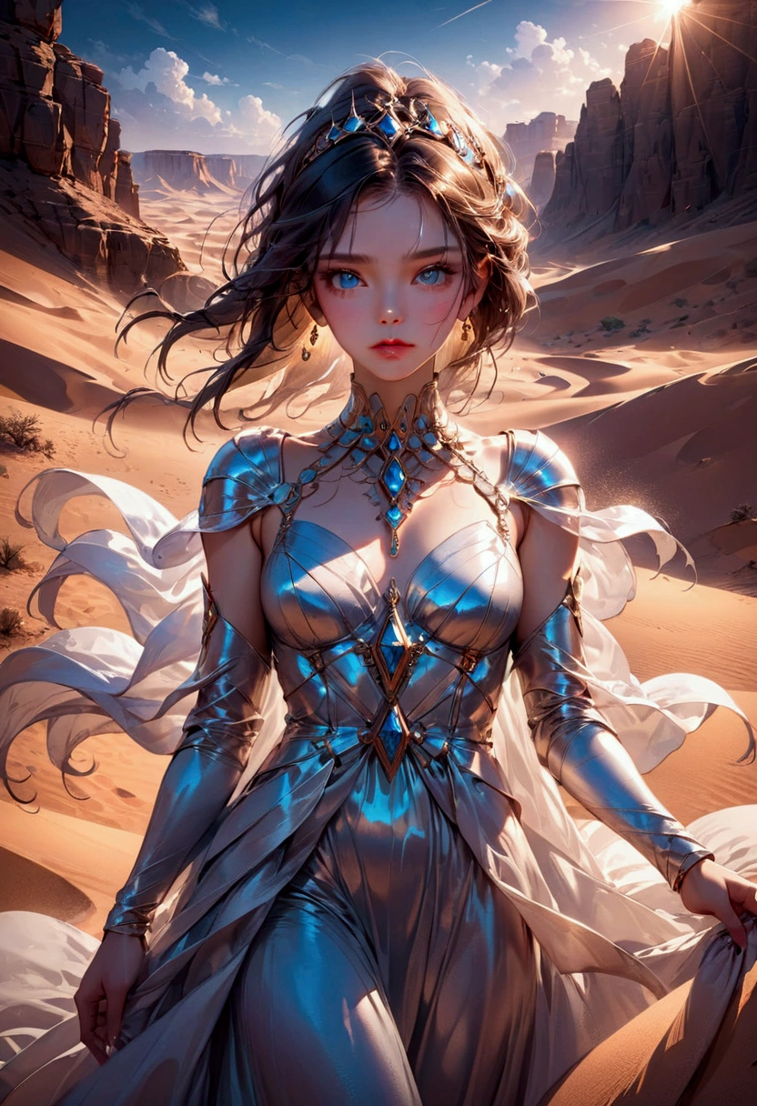 1girl, Desert Princess, A beautiful desert princess, detailed face, long eyelashes, full lips, flowing dress, intricate jewelry, desert landscape, dramatic lighting, epic fantasy, cinematic, highly detailed, 8K, masterpiece, best quality, very aesthetic, absurdres
