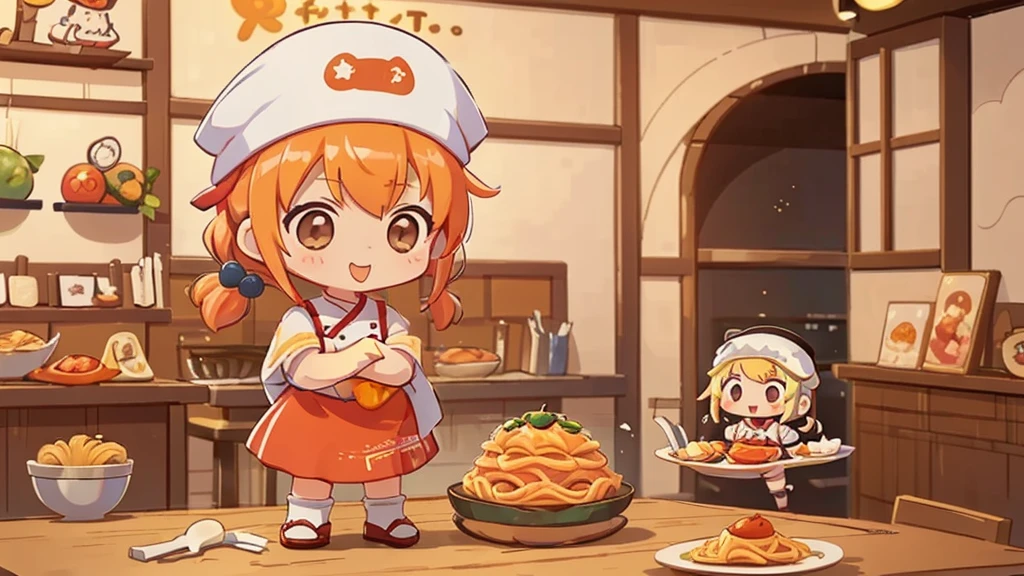 (((masutepiece))), Best Quality, Extremely detailed, (Chef Costume:1.2), (Chef's Hat), (((girl with))), (((Solo))), Happy, (((Eat large tomato pasta))), ((Full body)), Ahoge, (((Deformed))), (((Chibi Character))), ((( Restaurant))),, ((crossed arms))), (((cooking))