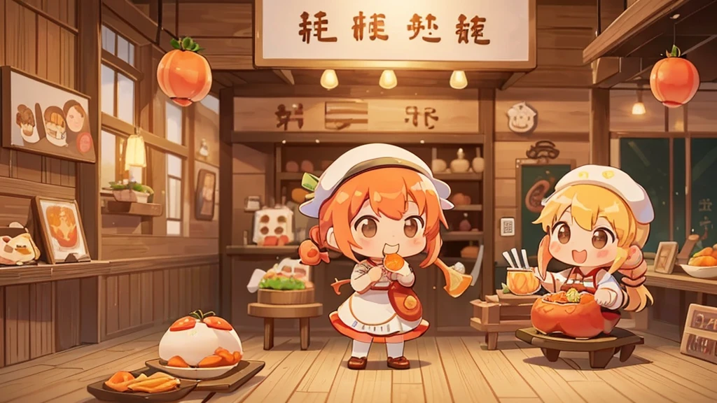 (((masutepiece))), Best Quality, Extremely detailed, (Chef Costume:1.2), (Chef's Hat), (((girl with))), (((Solo))), Happy, (((Eat large tomato pasta))), ((Full body)), Ahoge, (((Deformed))), (((Chibi Character))), ((( Restaurant))),, ((crossed arms))), (((cooking))