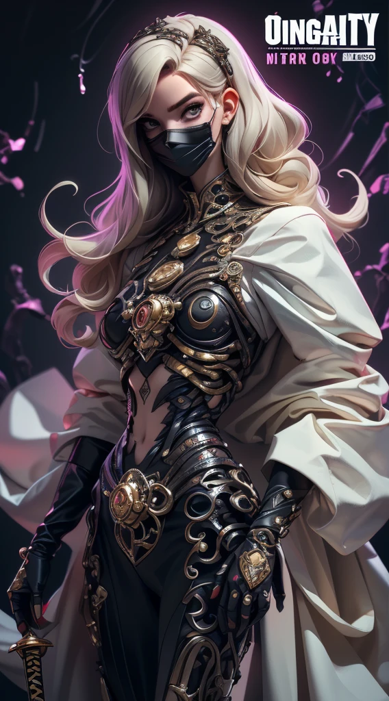 ( High quality , Ultra-detail, carefully with your hand )tarot card, chiaroscuro technique on sensual illustration of an queen of sword, a teenage fashion model wearing an exo-skeleton mask, vibrant colors, futuristic cyberpunk style, intricate details, cinematic lighting, dramatic pose, an elegant complex bio mechanical onyx and gold, intricate details, official art, unity 8k wallpaper, ultra detailed, beautiful and aesthetic, (in a room with black walls illuminated by violet neon lights :1.1)