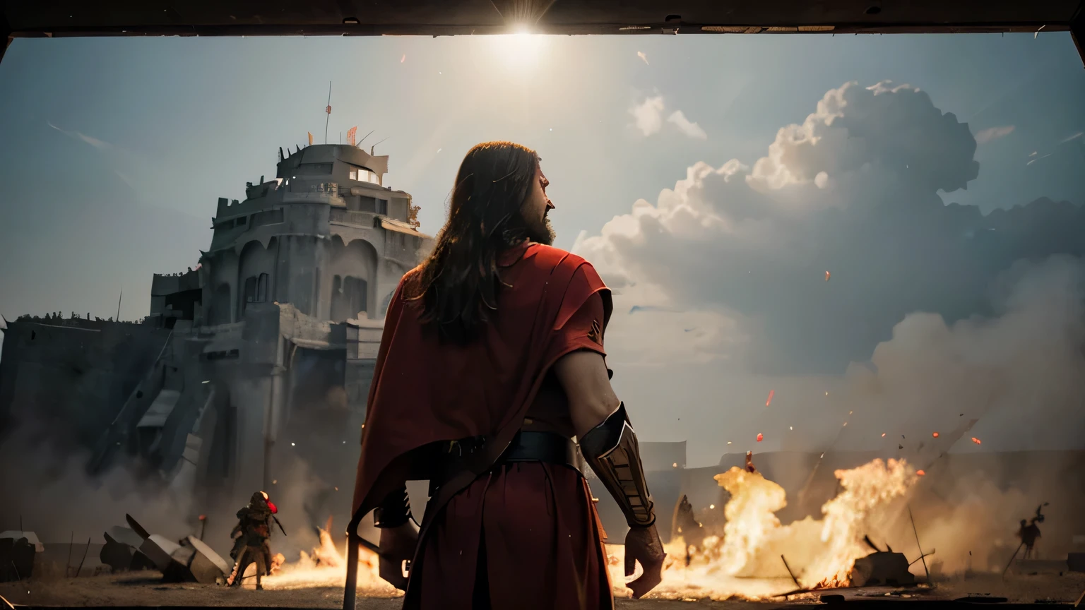 JESUS AS WARRIOR IN RED CAPE, STANDING ON BATTLEFIELD, VIEWED FROM BEHIND USING A HUGE YELLOW METAL SHIELD TO PROTECT HIMSELF FROM FLARE OF FIRE