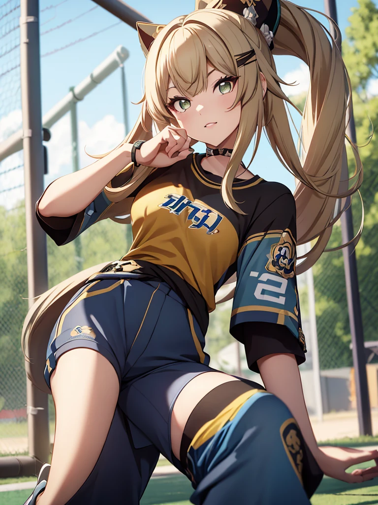 Kirara from Genshin Impact game, 1girl, as an athlete, wearing a sports t-shirt and pants, at a playground ,  kirara hair style, 8k, high detailed, high quality