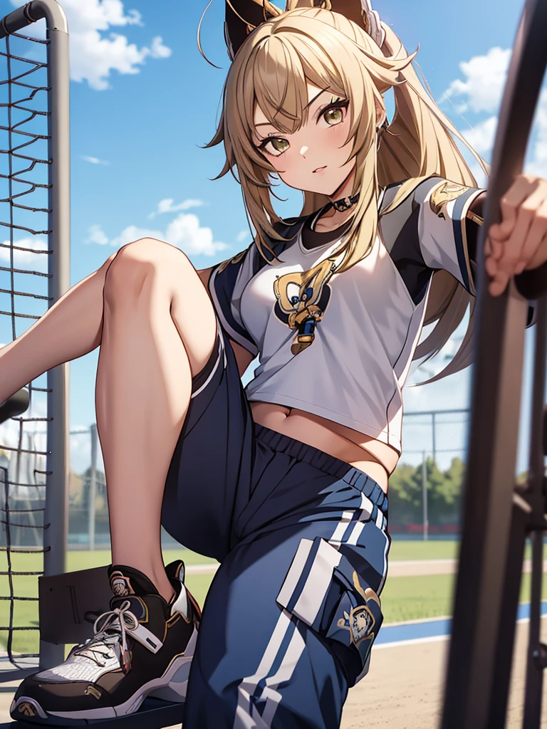 Kirara from Genshin Impact game, 1girl, as an athlete, wearing a sports t-shirt and pants, at a playground ,  kirara hair style, 8k, high detailed, high quality