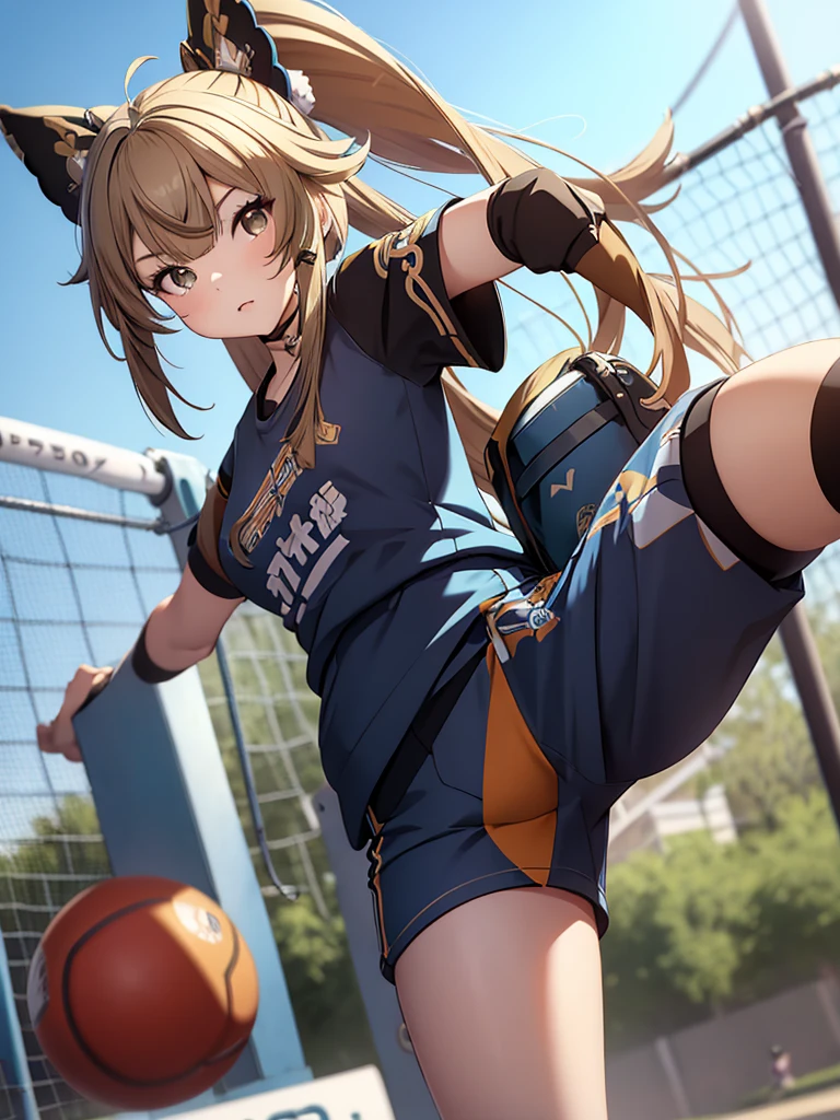 Kirara from Genshin Impact game, 1girl, as an athlete, wearing a sports t-shirt and pants, at a playground ,  kirara hair style, 8k, high detailed, high quality